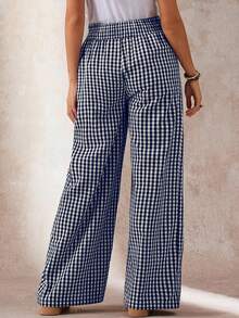 Boho Mama 孕妇格子印花口袋松紧腰休闲阔腿裤 - 藏蓝色 - 查看 2