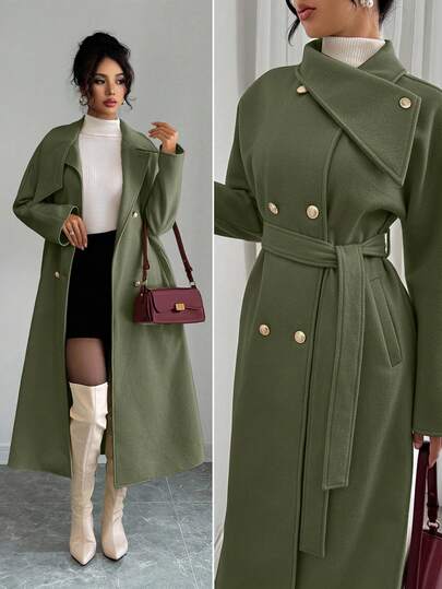 Elenzga 女式纯色双排扣长袖系带优雅大衣，秋冬