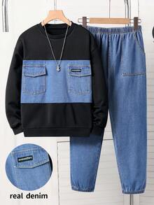 SHEIN Fantacosmos 2 件套男童牛仔布拼布连帽衫和牛仔裤两件套，时尚休闲街头风格牛仔布拼布服装 - 彩色 - 查看 3