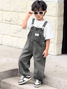 SHEIN Young Boy Blue Denim Overalls With Ankle Cuffs - Black - View 4