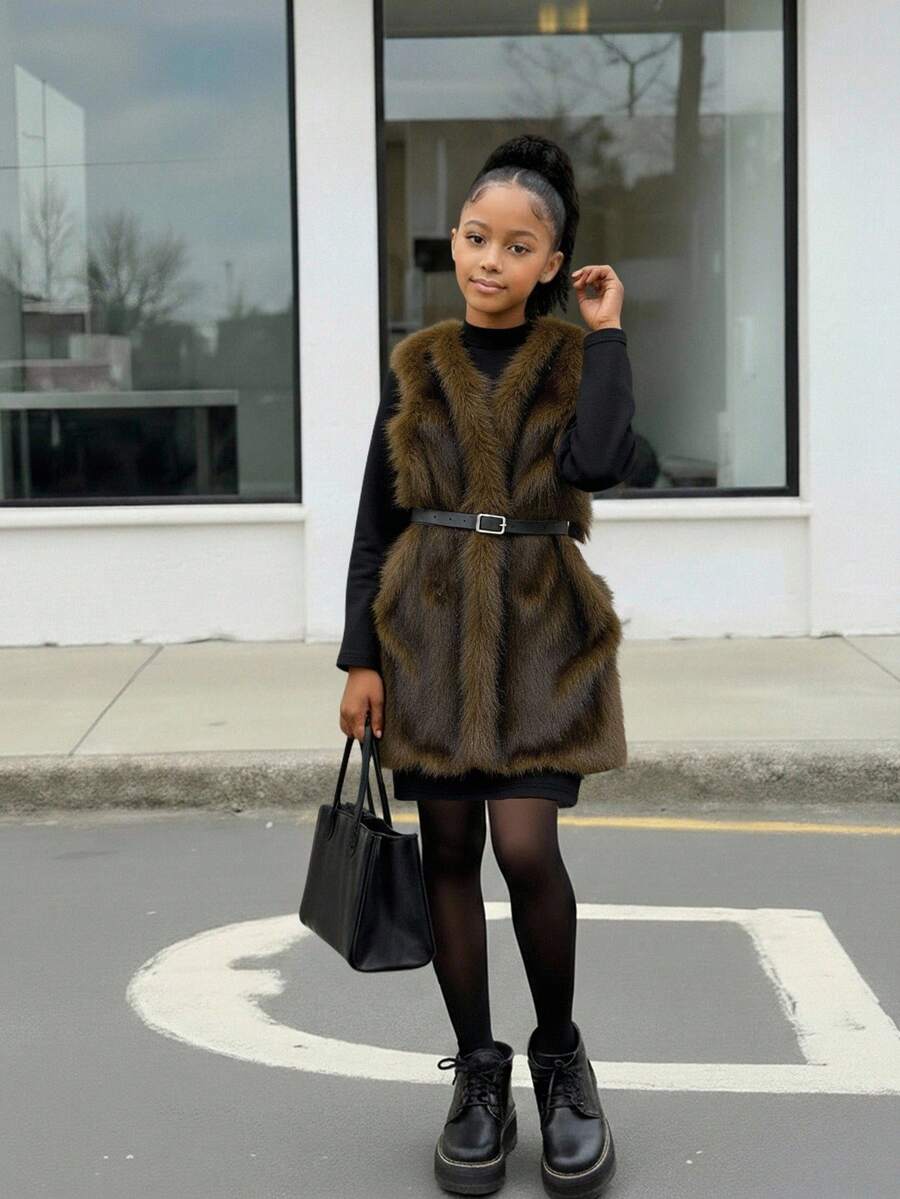 2pcs/Set Girls Sleeveless Fluffy Vest Jacket & Textured Fitted Knit Dress, Casual Vacation Outfit Fall Winter - Black - View 1