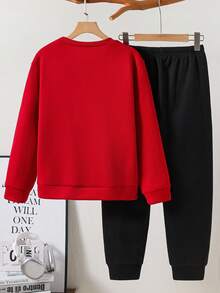 SHEIN 2pcs/Set Tween Boys Casual Letter Print Graphic Crew Neck Sweatshirt And Solid Color Thermal Lined Jogger Pants, Thickened - Red - View 2
