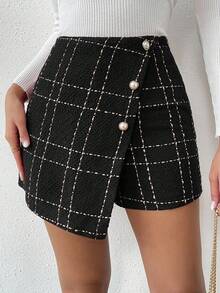 Rafferiza 时尚通勤格子裹身不对称短裤 - 黑色 - 查看 3