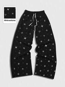ROMWE MEN Street Life Men's Autumn/Winter Fashion Rhinestone Drawstring Waist Sweatpants - Black - View 6