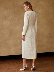 MOTF PREMIUM VESTIDO LARGO CON DECORACIÓN DE CADENA DE TWEED PARA OTOÑO/INVIERNO - Blanco - Ver 4