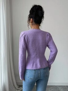 Elenzga 女式复古 V 领短款开衫，腰部收紧设计，优雅针织毛衣，适合秋冬 - 紫色 - 查看 3