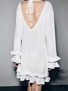 SHEIN LUNE 2025 New Stylish & Elegant French Romantic Off-Shoulder Backless Frill Trim Knit Dress - White - View 2