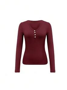 Set de 3 camisetas tipo Henley casuales de mujer con cuello en V y mangas raglán ajustadas - Multicolor 4 - Ver 10