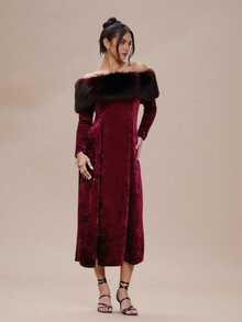 Poshira 女士毛绒露肩长袖优雅中长连衣裙 - 酒紅色 - 查看 3