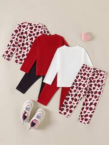 SHEIN Playful Pals 6件套女婴休闲百搭舒适可爱豹纹小猫长袖T恤和裤子3件套，面料柔软，适合居家和户外，性价比高 - 彩色 - 查看 2