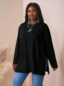SHEIN CURVE+ Áo thun dáng rộng tay dài cổ tròn trễ vai nhiều màu sắc cỡ lớn, quần áo mùa hè cho nữ, mùa đông, đường cong PLUS - màu đen - Xem 3