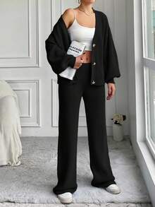 EURMUSE 2pcs Women's Solid Color Button-Front Long Sleeve Sweater And Casual Pants - Hitam - View 3