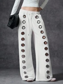 LYSMO بنطلون رياضي بقصة ساق واسعة مصمم بشكل مبتكر مشوه باللون الأبيض، جنسي