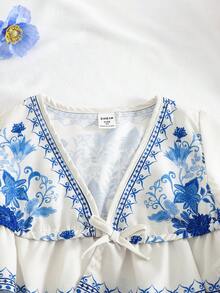 SHEIN Conjunto de 2 piezas de chaqueta de punto con estampado floral y pantalones casuales holgados para niña - Blanco - Ver 4