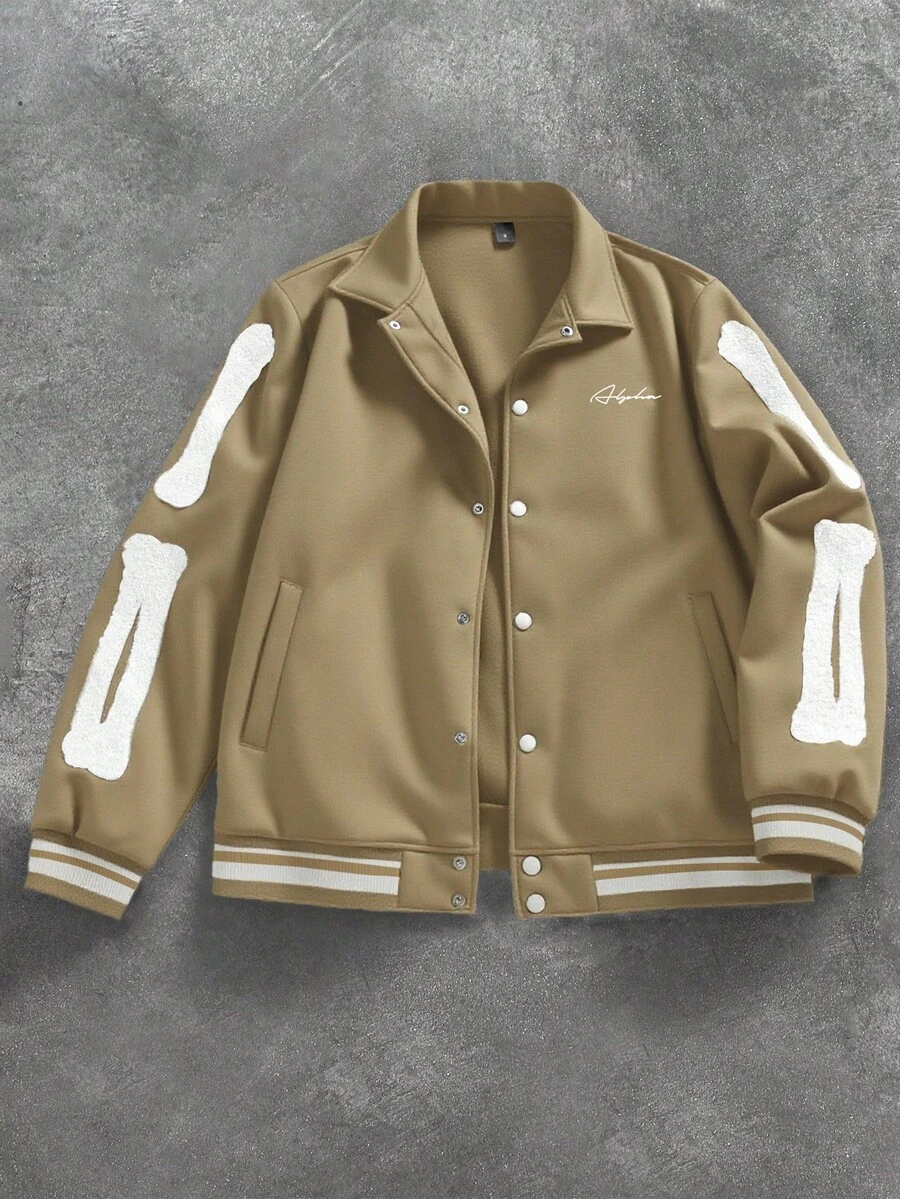 Manfinity EMRG 男士字母印花长袖单排扣休闲翻领夹克黑色运动夹克棒球夹克黑色。男士万圣节服装、Y2K、街头时尚、返校季、送给男朋友的礼物 - 彩色 - 查看 1