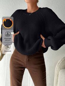 EURMUSE Plus Size Women's Solid Color Raglan Sleeve Long Sleeve Casual Sweater, For Winter - Black - View 1