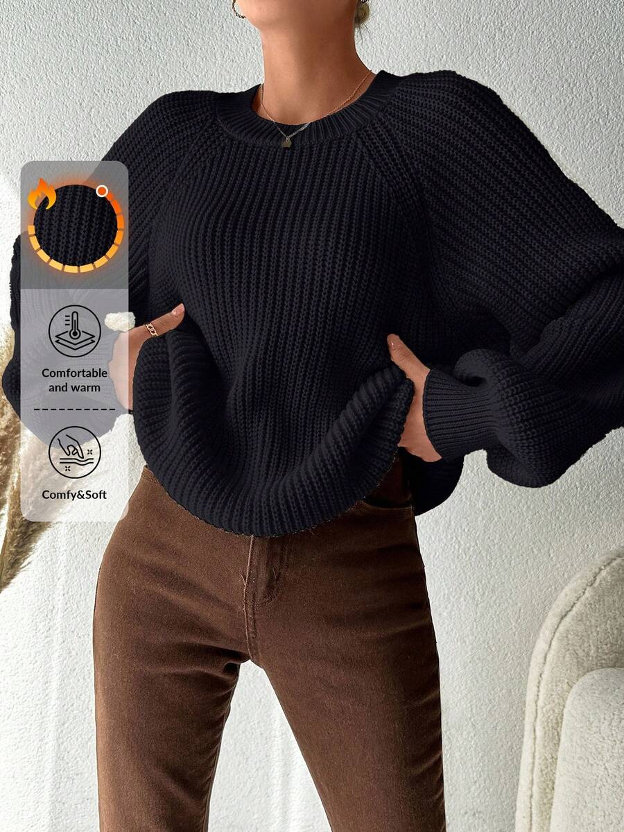 EURMUSE Plus Size Women's Solid Color Raglan Sleeve Long Sleeve Casual Sweater, For Winter - Black - View 1