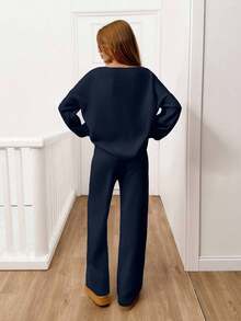 EURMUSE 2pcs Set Tie Front Cardigan Knitted Sweater, Fashion For Spring/Autumn - Navy Blue - View 2