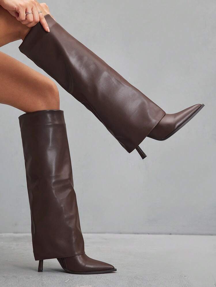 CUCCOO SZL Women's Sexy Fashion Pleated Shaft Coffee Pointed Toe Side Zipper Knee-High Boots For Christmas Spring Shoes