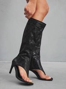 CUCCOO SZL Women's New Fashion Thong Boots Knee-High Boots, Square Toe High Heel, Spring/Summer For Christmas Spring Shoes - Black - View 3