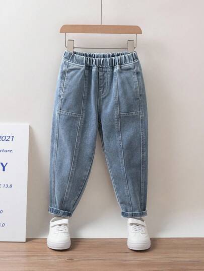 SHEIN 男童休闲纯色松紧腰牛仔裤