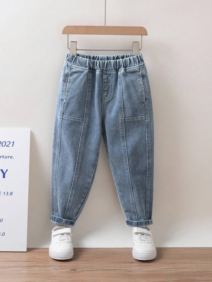 SHEIN 小男孩休閒純色彈性腰牛仔長褲 秋季 - 中等水洗藍 - 查看 1