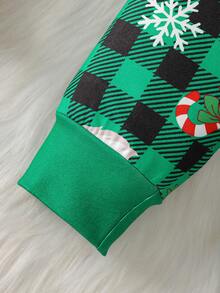 2 件青少年男童格子圣诞元素柔软舒适贴身圆领长袖睡衣套装 - 綠色 - 查看 7