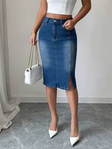 Siren Gaze 牛仔裙 牛仔裙 女式休闲修身牛仔铅笔裙，及膝，有弹性，蓝色 - 藍色 - 查看 1