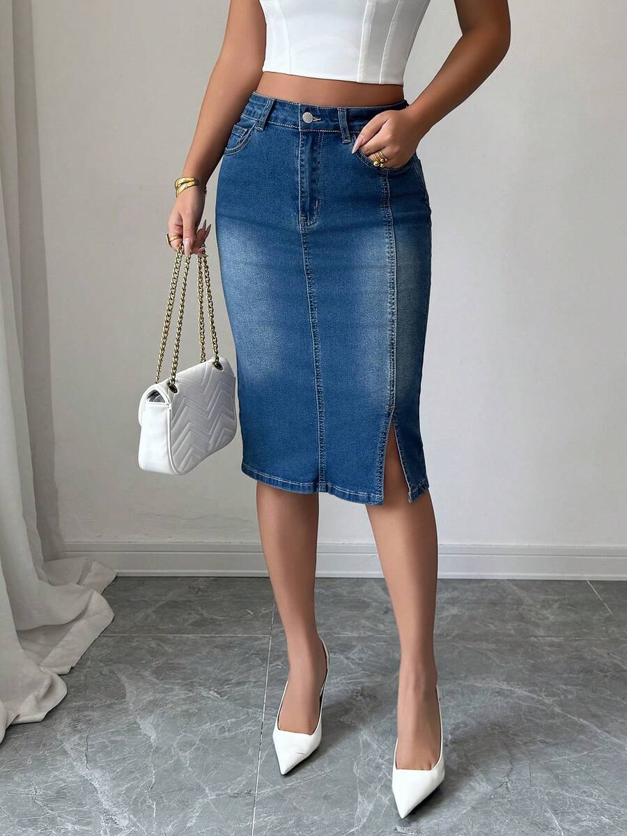 Siren Gaze 牛仔裙 牛仔裙 女式休闲修身牛仔铅笔裙，及膝，有弹性，蓝色 - 藍色 - 查看 1