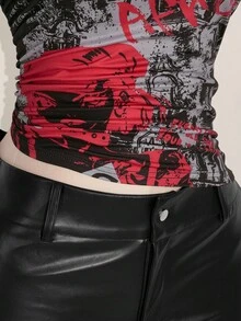 SHEIN ICON Plus Size Women Y2k Going Out Dragon Print Asymmetrical Neckline Short Sleeve Fashionable T-Shirt,Everyday Wear - Multicolor - View 9