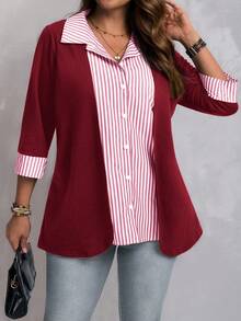 EMERY ROSE Plus Size Women Striped Patchwork 3/4 Sleeve Casual Shirt/ Winter Women's Winter Coat  Stylish Clothing Collection - Red - View 5