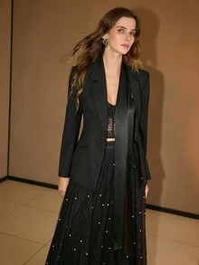 MOTF PREMIUM Asymmetric Collar Patchwork Blazer, Autumn/Winter - Black - View 4