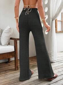 EURMUSE Women's Solid Color High Waist Flare Leg Knit Pants, Elegant For Autumn/Winter - Dark Grey - View 2