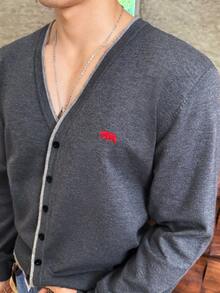 ESTAVOR Men's Embroidered Design Single-Breasted Casual Knit Cardigan, Autumn, For Fall Winter - Black - View 6