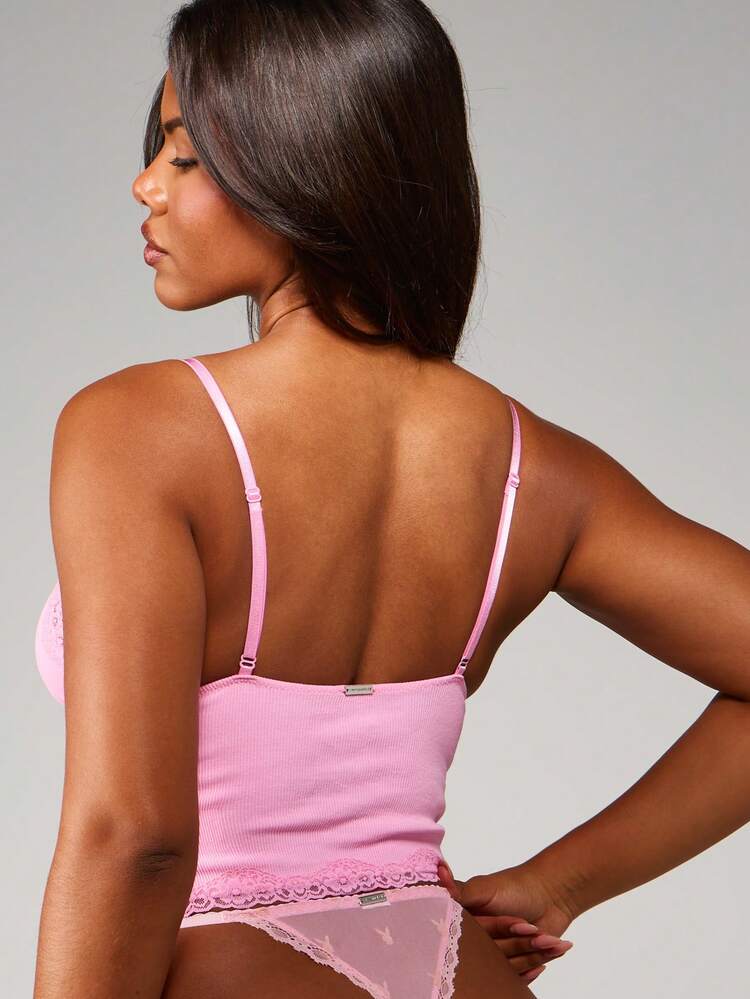 Missguided x Playboy Ribbed Cami Bralette With Delicate Lace Trim Valentine Day Lingerie Tank Top Cropped Camisole V Neck Sleeveless Stretch Loungewear Pink Bralette Underwear