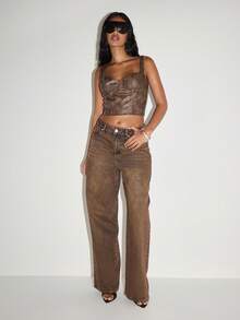 KIZN Distressed Faux Leather Corset Top Vintage Style Bustier Fitted Crop Tank With Back Zipper Detail Western Cowgirl Festival Wear - Brown - View 3