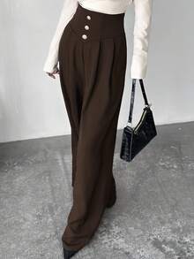 Firerie 优雅通勤时尚现代高腰金属纽扣阔腿长裤，黑色，秋冬 - 咖啡棕 - 查看 3