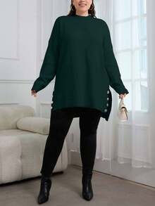 EURMUSE 大码女式优雅简约日常休闲纯色长袖毛衣 - 墨綠色 - 查看 6