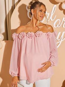 Loomaby 优雅纯色露肩孕妇派对衬衫，3D花卉装饰 - 粉色 - 查看 3