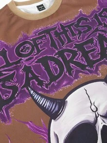 PAVTROS Men's Letter & Skull Graphic Round Neck Casual Loose T-Shirt - Brown - View 5