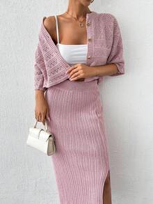 RueChic Thickened Cardigan And Skirt Set With Metal Buttons - Pink - View 4