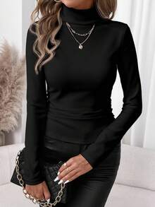 SHEIN Clasi Women's Casual Turtleneck Tight Fit Long Sleeve T-Shirt, Suitable For Autumn/Winter, All-Match & Versatile