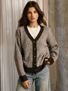 Poéselle 女士休闲拼色拼布开衫，秋冬 - 棕色 - 查看 6