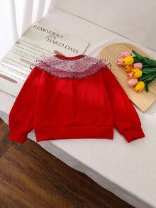SHEIN Young Girls Red Knit Cardigan, Soft Knit Fabric, Delicate Skin-Friendly, Double-Layer Polka Dot Mesh Collar With Black Lace Trim, Black Bow Accent, Black Rimmed Buttons, Sweet And Exquisite Design, Suitable For Birthday Parties, Princess Themed Events, Moderate Thickness, Spring/Autumn