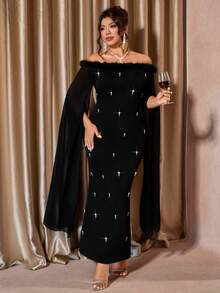 Cravure Plus Size Women's Off Shoulder Fur Collar Cape Sleeve Fitted Elegant Party Dress - Black - View 5