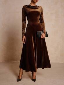 Vesra Women's Elegant Plunging Neck Long Sleeve Velvet Dress Long Brown Dress - Coffee Brown - View 3