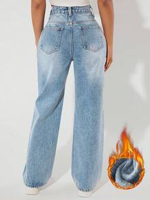 SHEIN PETITE 女士休闲水洗高腰直筒牛仔裤 - 藍色 - 查看 2