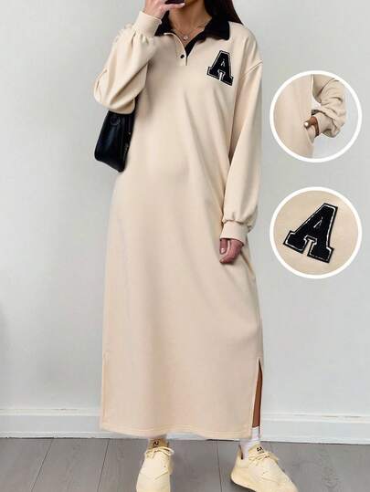 Tween 女童卡其色和黑色撞色 Polo 领复古返校连衣裙，米色针织中长下摆开衩卫衣连衣裙，适合秋冬季，干净的女孩风格