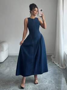 Siren Gaze 女式圆领无袖露背喇叭牛仔连衣裙，夏季时尚 - 深色水洗藍 - 查看 4