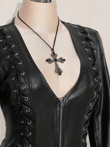 SHEIN ICON Áo khoác da PU cổ chữ V hở phía trước, dây đeo chéo trang trí cỡ lớn màu đen, áo khoác da Y2K cổ điển màu đen, áo khoác nữ thu đông - màu đen - Xem 7